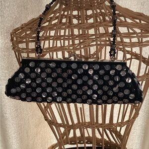 Black Button Decorated Women's Snap-top purse bag with beaded Shoulderbag handle